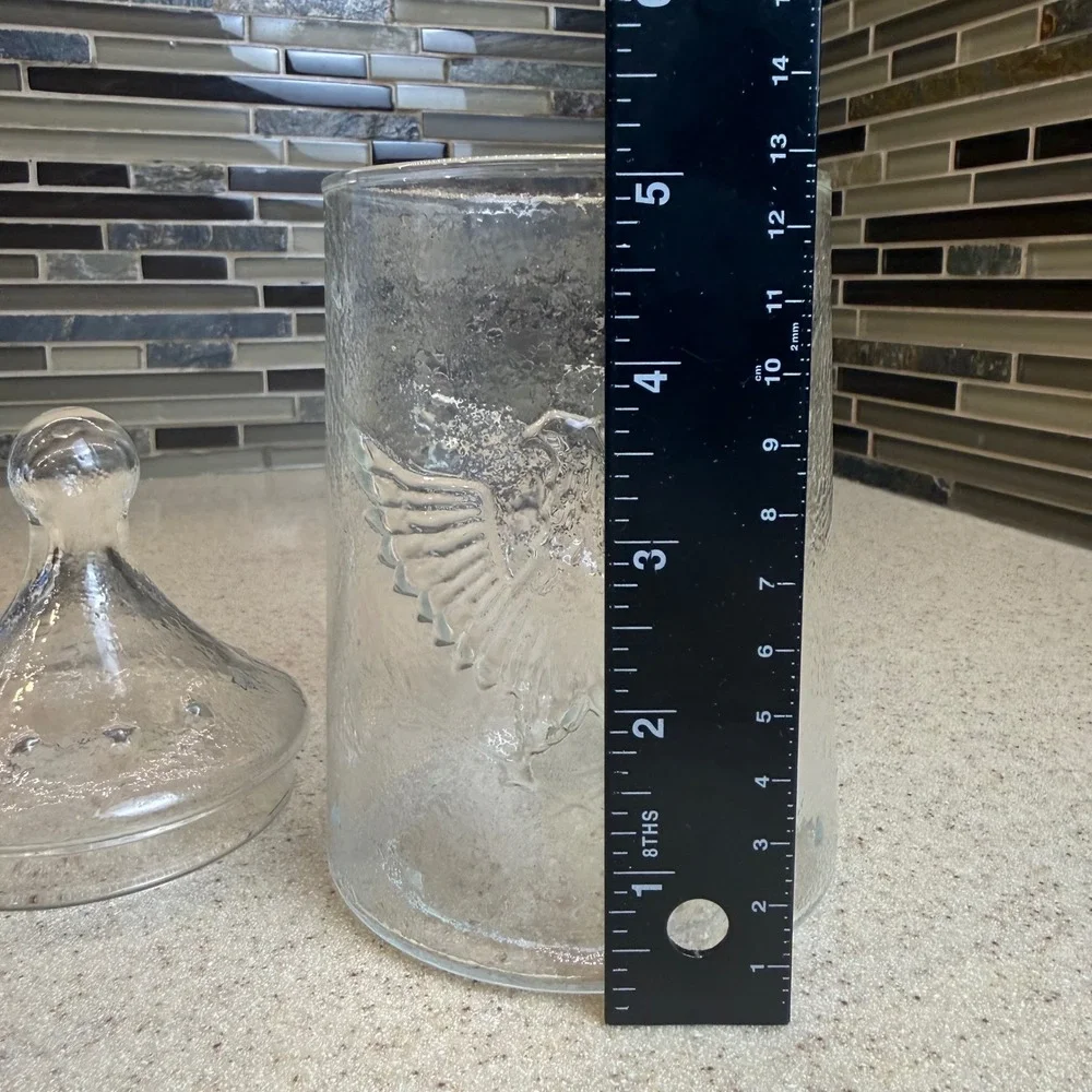 Vintage Clear Glass Apothecary Jar Embossed Eagle Star Lid Textured Patriotic